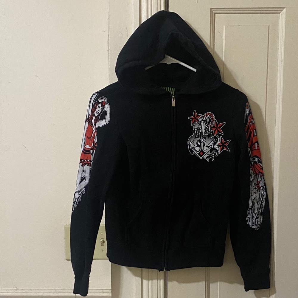 Too Fast Black Hoodie with Red and White Nautical Graphics